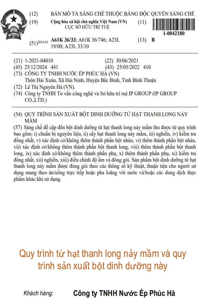 Quy trình từ hạt thanh long nảy mầm và quy trình sản xuất bột dinh dưỡng này