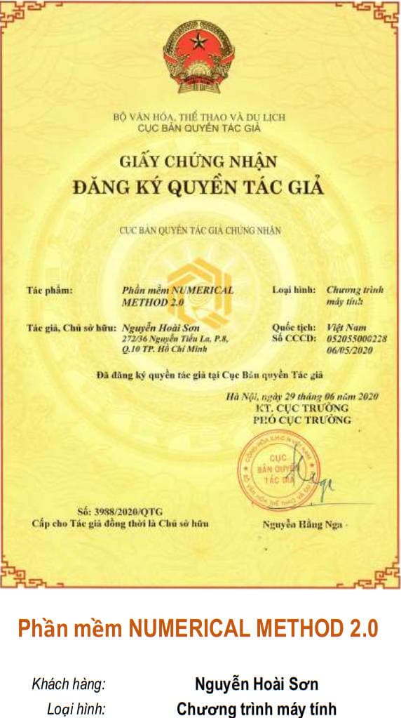 Giấy chứng nhận quyền tác giả: Phần mềm NUMERICAL METHOD 2.0