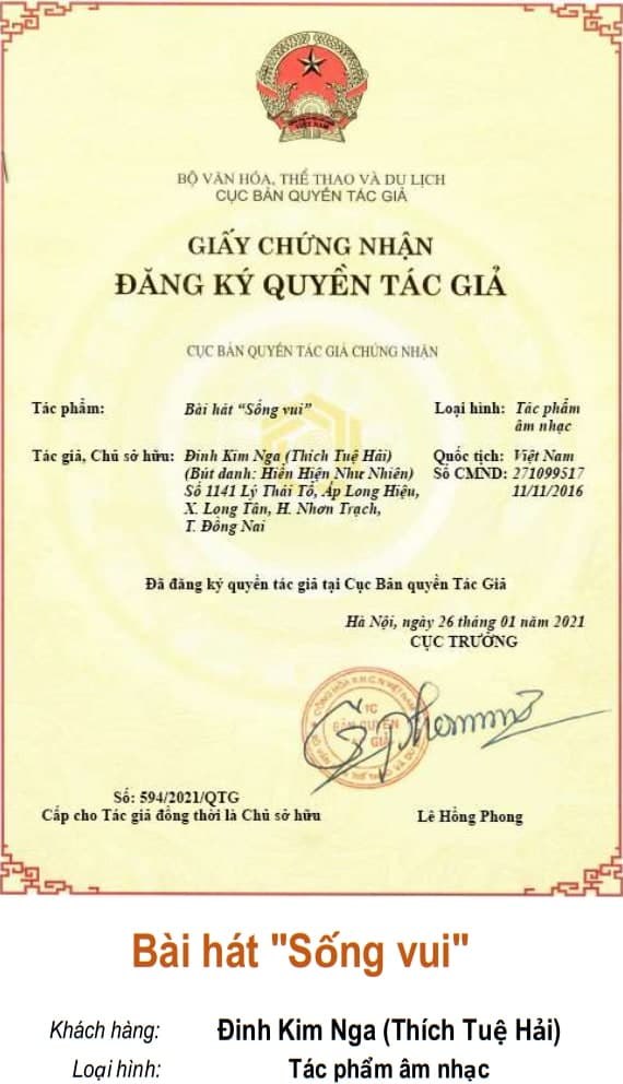 Giấy chứng nhận quyền tác giả: Bài hát "Sống vui"