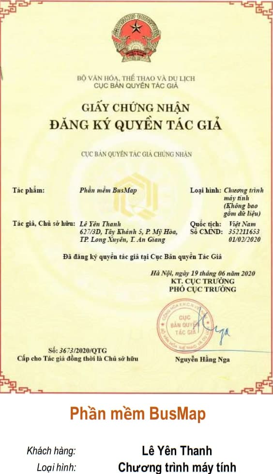 Giấy chứng nhận quyền tác giả: Phần mềm BusMap