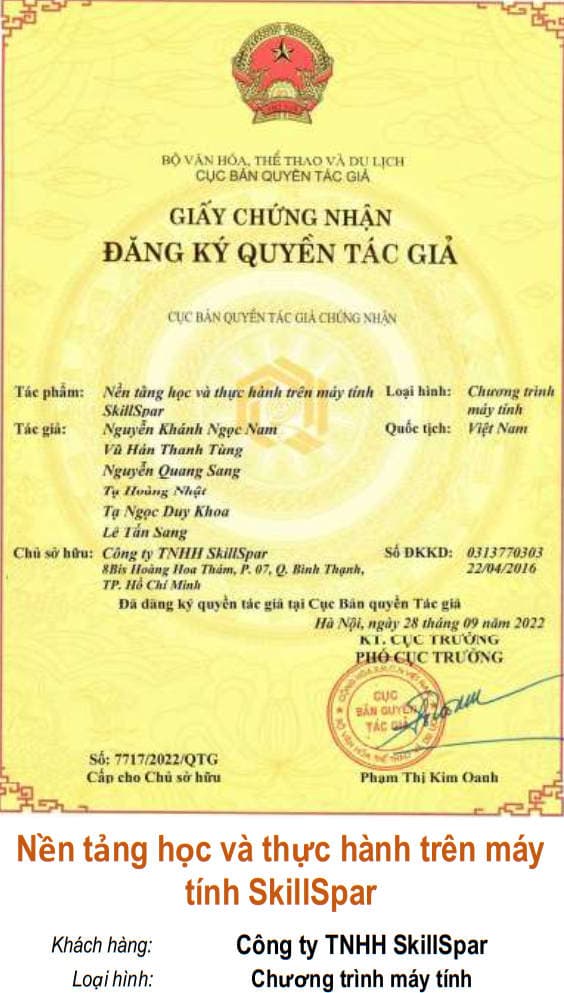 Giấy chứng nhận quyền tác giả: Nền tảng học và thực hành trên máy tính SkillSpar