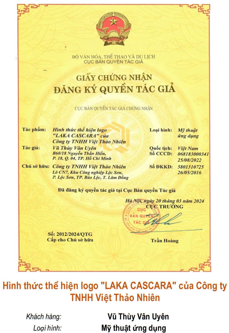Giấy chứng nhận quyền tác giả: Hình thức thể hiện logo "LAKA CASCARA" của Công ty TNHH Việt Thảo Nhiên