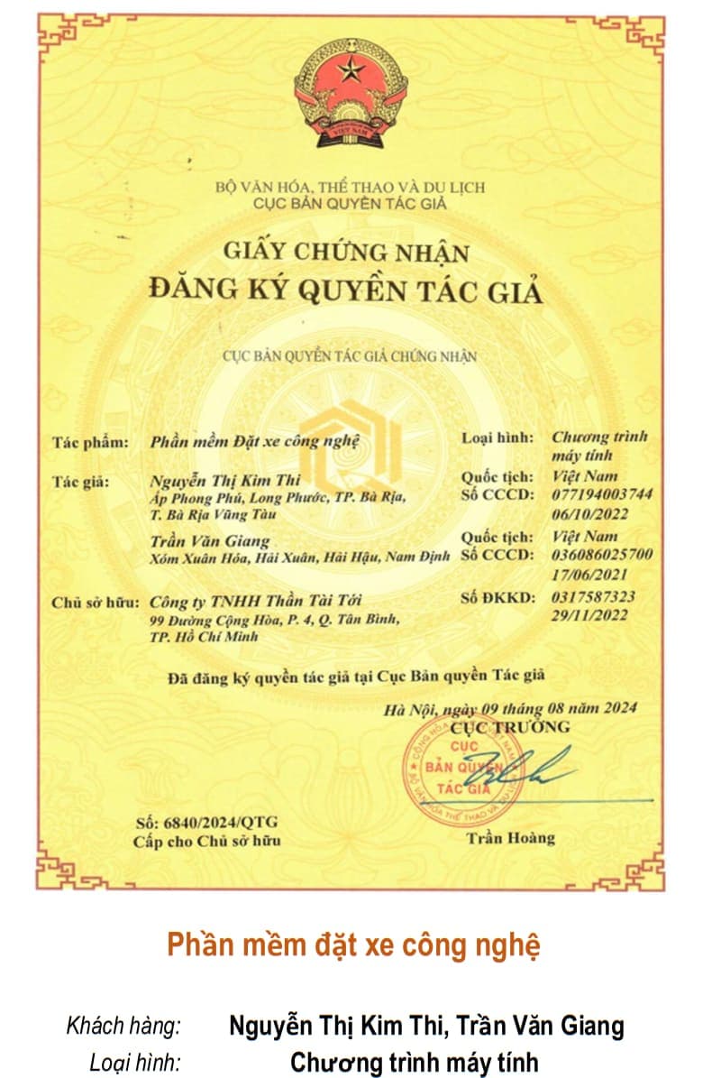 Giấy chứng nhận quyền tác giả: Phần mềm đặt xe công nghệ