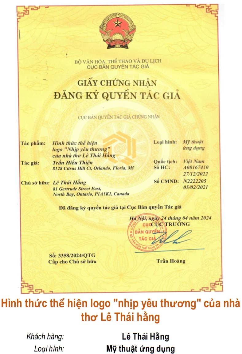 Giấy chứng nhận quyền tác giả: Hình thức thể hiện logo "nhịp yêu thương" của nhà thơ Lê Thái Hằng