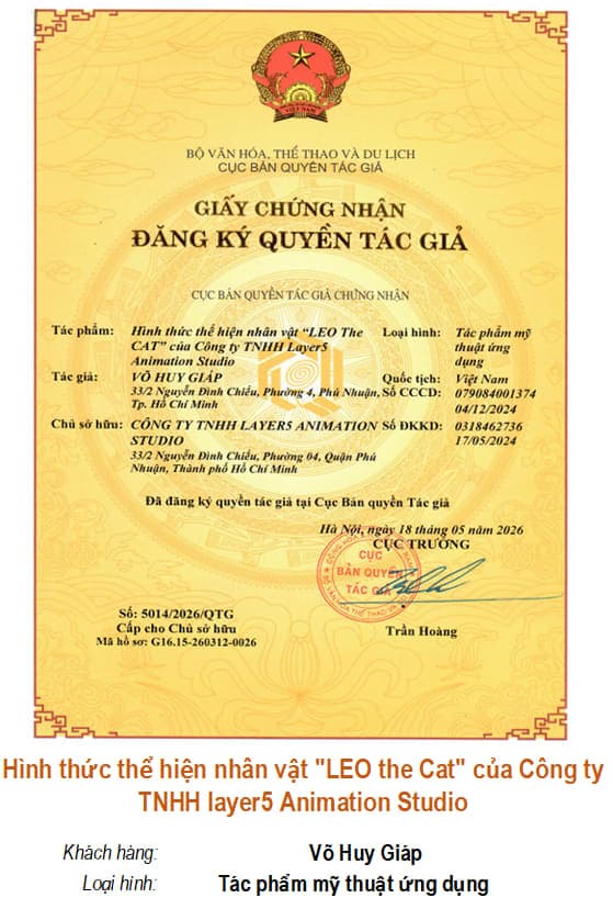 Giấy chứng nhận quyền tác giả: Hình thức thể hiện nhân vật "LEO The CAT" của Công ty TNHH Layers Animation Studio